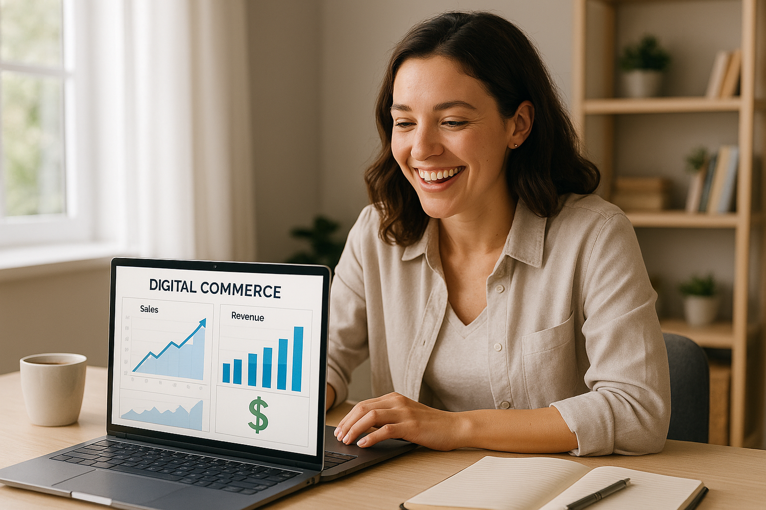 a realistic happy female using a digital product to make money