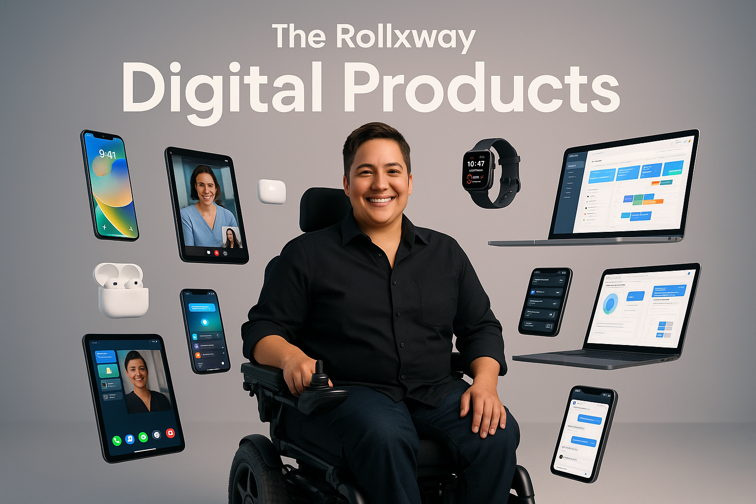 Headline
 The Rollxway Digital Products 
realistic person in a power wheelchair surrounded by digital products